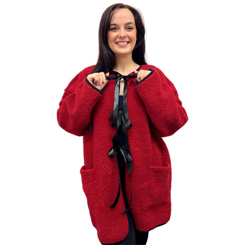 Ribbon Tie Open Sherpa Coat (Various Colors)
