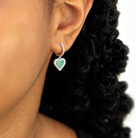Silver Green Heart Hoop Drop Earring