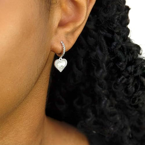 Silver White Heart Hoop Drop Earring