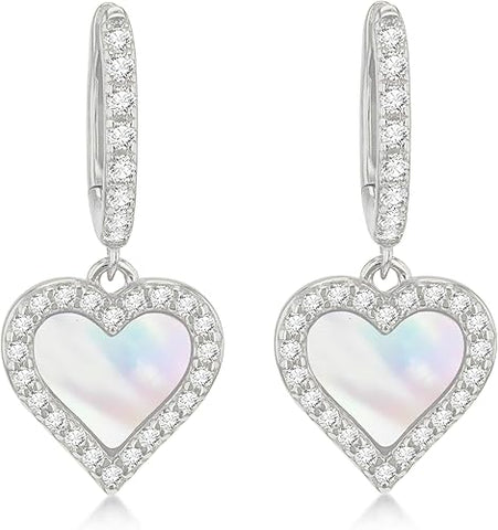 Silver White Heart Hoop Drop Earring