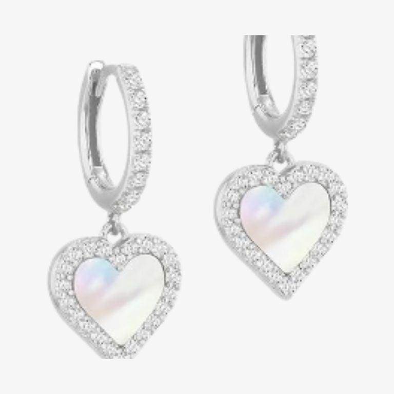 Silver White Heart Hoop Drop Earring