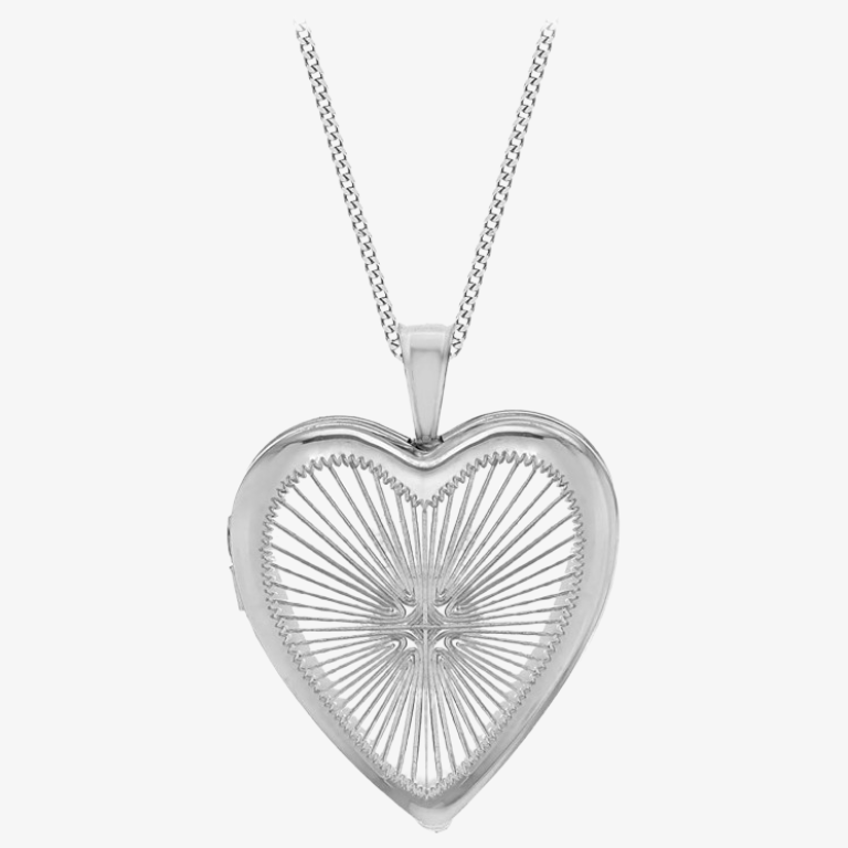 Sterling Silver Rhodium Plated Sunray Heart Locket Necklace