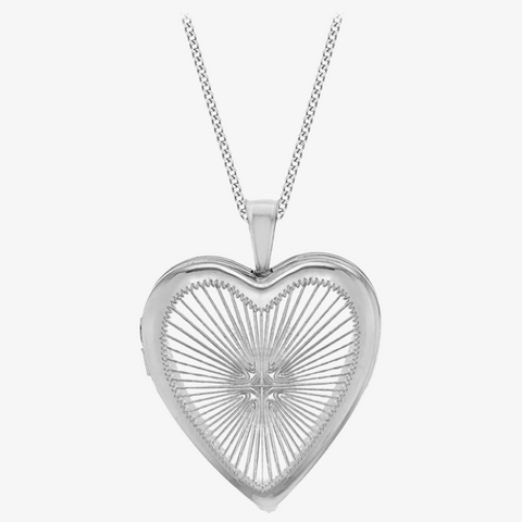 Sterling Silver Rhodium Plated Sunray Heart Locket Necklace