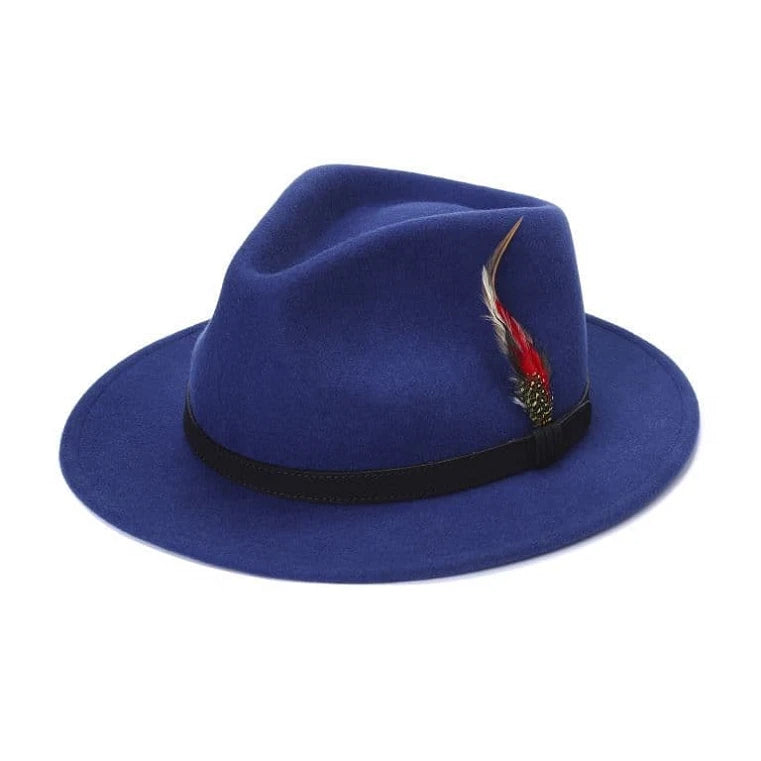 Unisex Royal Blue Fedora Hat with Brim & Feather
