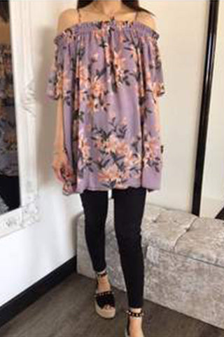 Purple Floral Print Chiffon Cami Cold Shoulder Top