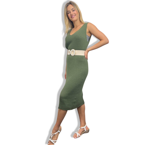 Forest Green Ribbed Knit with Ivory Belt