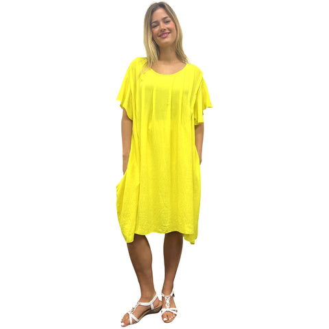 Summer Midi Dress with Hand Pinch Pleats, Flutter Sleeves & Pockets (Various Colors)