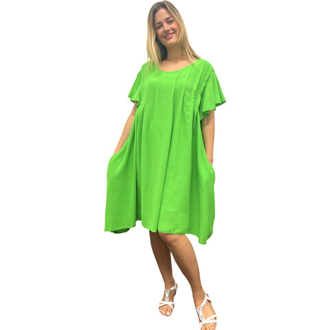 Summer Midi Dress with Hand Pinch Pleats, Flutter Sleeves & Pockets (Various Colors)