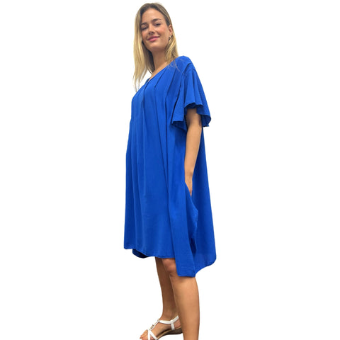 Summer Midi Dress with Hand Pinch Pleats, Flutter Sleeves & Pockets (Various Colors)