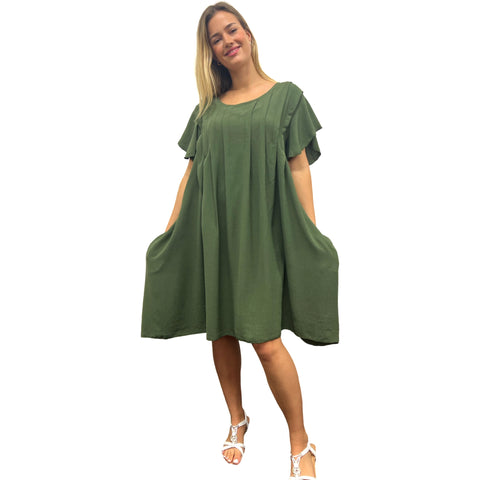 Summer Midi Dress with Hand Pinch Pleats, Flutter Sleeves & Pockets (Various Colors)