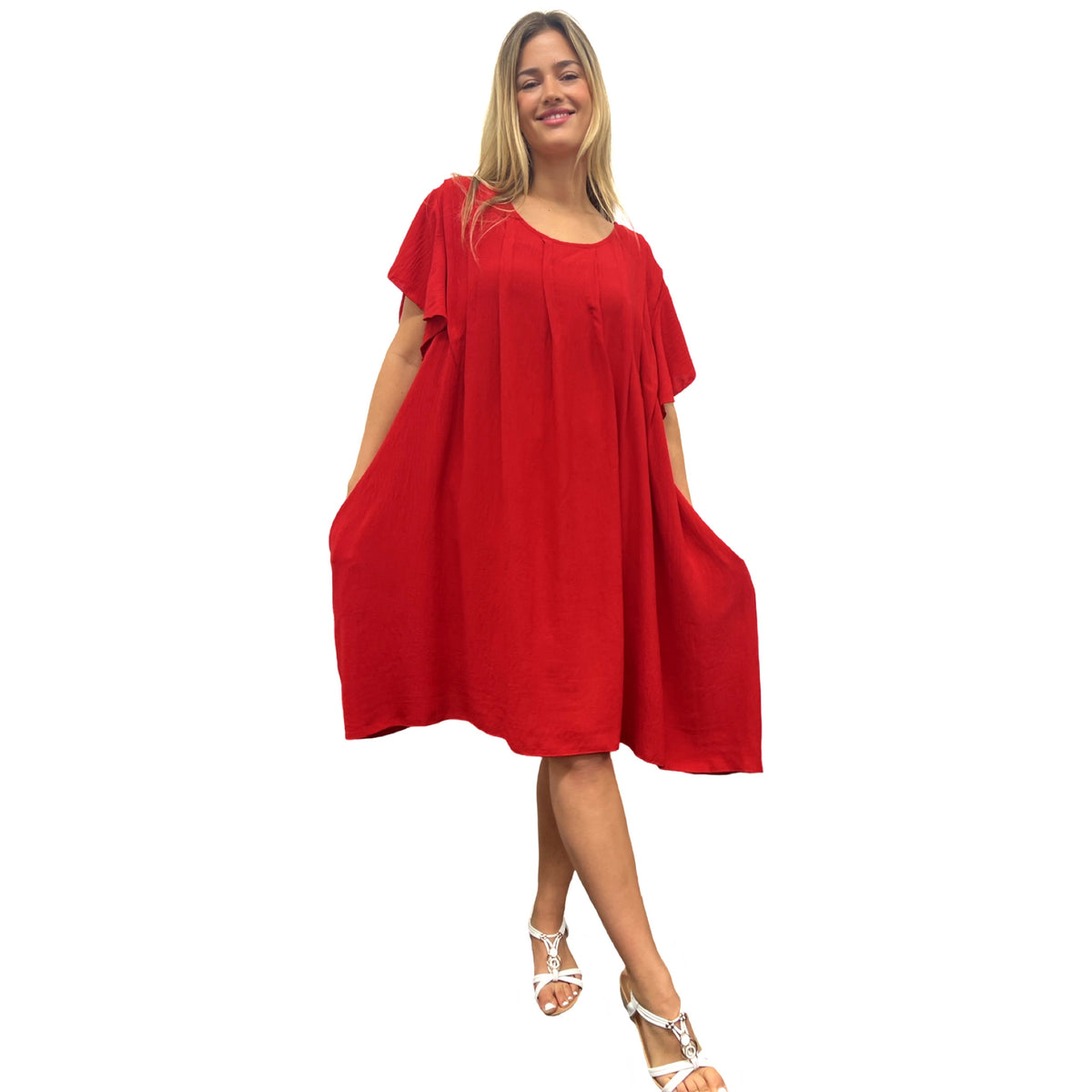 Summer Midi Dress with Hand Pinch Pleats, Flutter Sleeves & Pockets (Various Colors)
