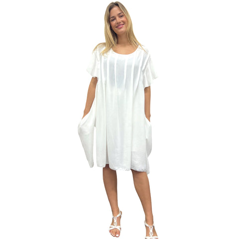 Summer Midi Dress with Hand Pinch Pleats, Flutter Sleeves & Pockets (Various Colors)