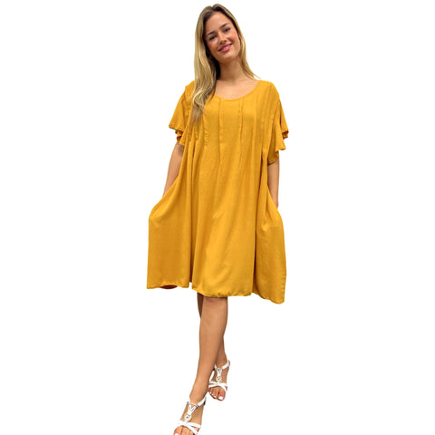 Summer Midi Dress with Hand Pinch Pleats, Flutter Sleeves & Pockets (Various Colors)