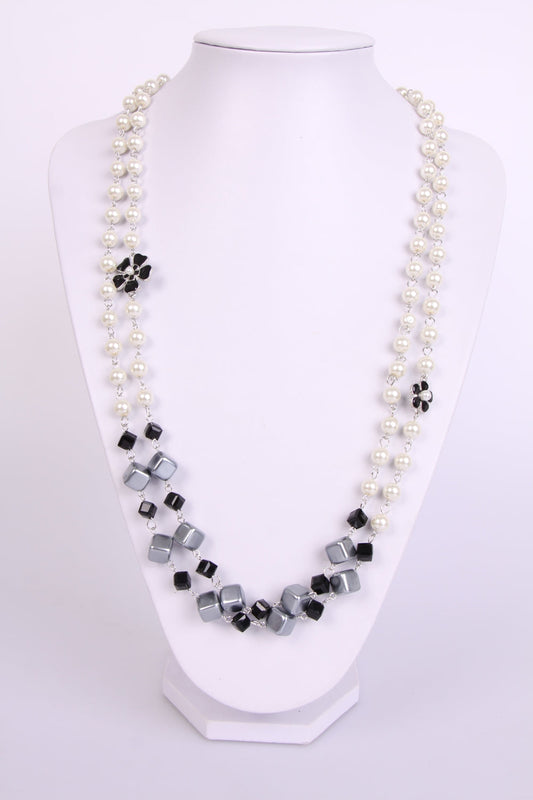 Grey Square block with Pearls long women's necklace