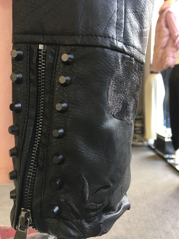 Black Floral Embroidered Studded Detail Faux Leather Biker Jacket