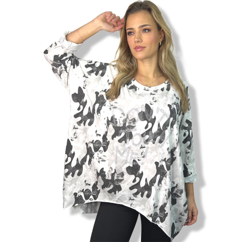 Cotton Oversized Camo Dress Shirt with Diamante