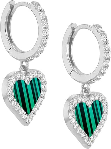 Silver Green Heart Hoop Drop Earring