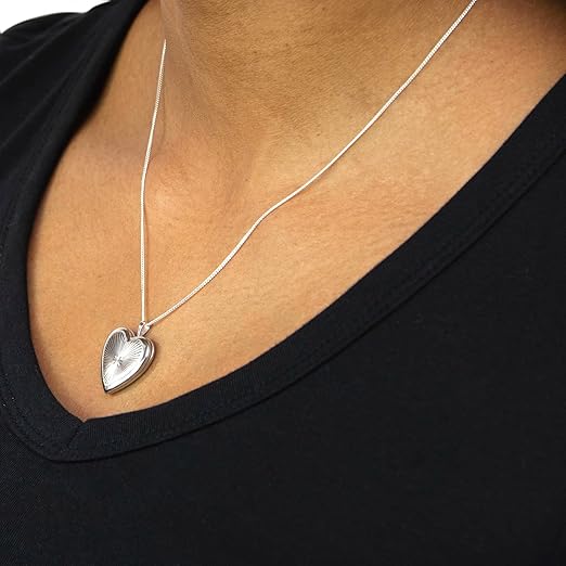 Women Silver Rhodium Plated Sunray Heart Locket Necklace 