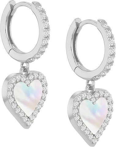 Silver White Heart Hoop Drop Earring