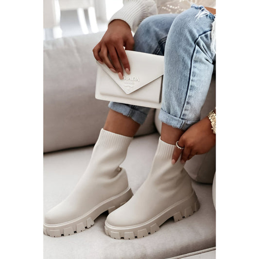 Beige Chunky Sock Ankle Boots – Stretch Knit Booties with Thick Sole