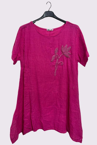 Embroidered Flower Side Slits Oversized Cotton Top