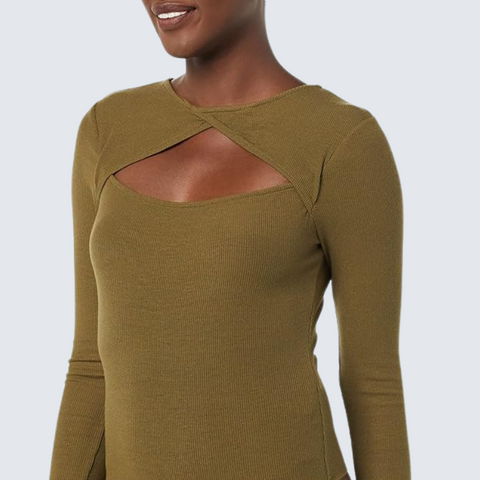 Fine Rib Cutout  Bodysuit for Women