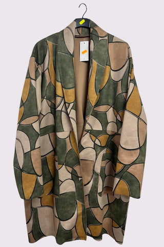 Retro Shape Print Faux Suede Pockets Oversized Jacket