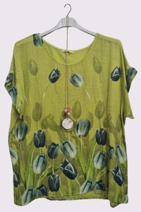 Tulip Flower Print Oversized Cotton Top