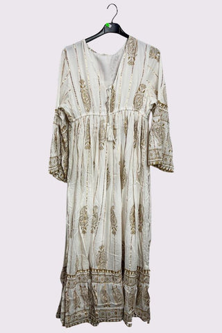 Gold Metallic Paisley Print Flared Sleeve Dress