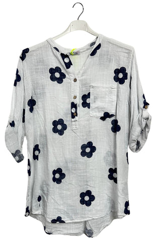 Floral Print Single Chest Pocket Cotton Top
