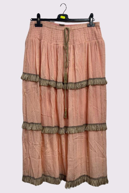 Shiny Stripe Pattern Tiered Tassel Maxi Skirt