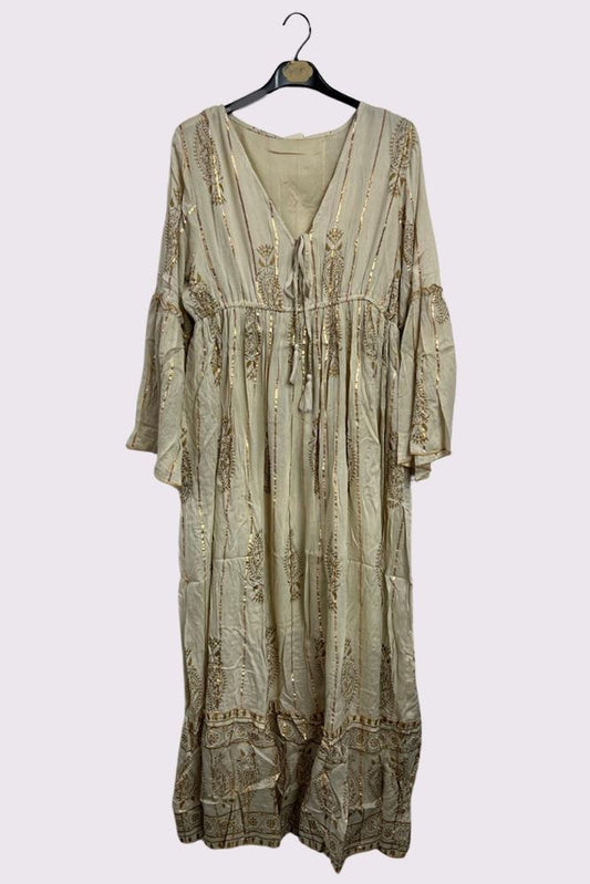 Gold Metallic Paisley Print Flared Sleeve Dress