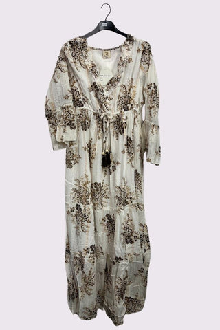 Flower Cluster Print Gold Stripes Dress