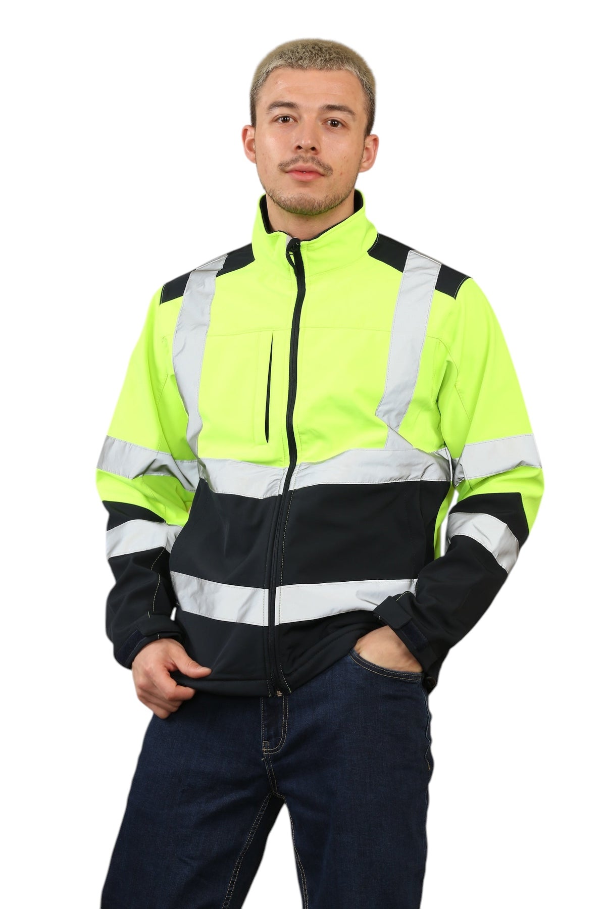 High Vis Softshell Jacket Yellow/Navy Removable Hood