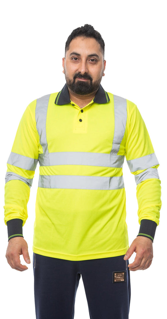 High Vis Long Sleeve Polo Shirt - Yellow/Navy