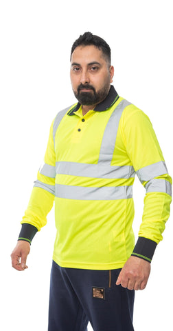 High Vis Long Sleeve Polo Shirt - Yellow/Navy