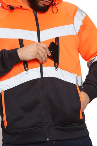 High Vis EN ISO 20471 Class 3 - Orange/Navy 4 Pockets Zipper Hoodie