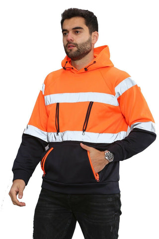 High Vis EN ISO 20471 Class 3 - Orange/Navy 6 Pockets Pullover Hoodie