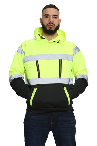 High Vis EN ISO 20471 Class 3 - Yellow/Navy 6 Pockets Pullover Hoodie