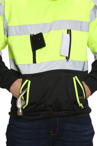 High Vis EN ISO 20471 Class 3 - Yellow/Navy 6 Pockets Pullover Hoodie