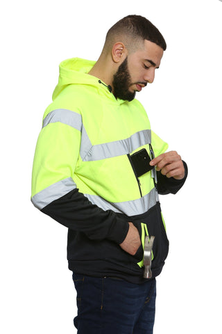 High Vis EN ISO 20471 Class 3 - Yellow/Navy 6 Pockets Pullover Hoodie