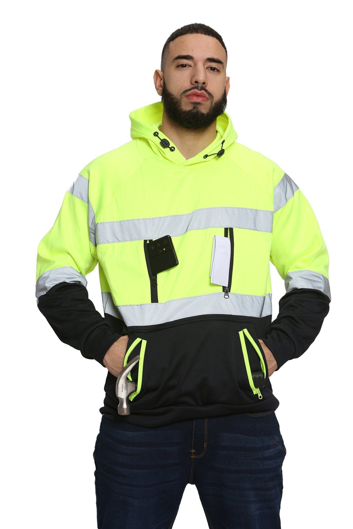 High Vis EN ISO 20471 Class 3 - Yellow/Navy 6 Pockets Pullover Hoodie