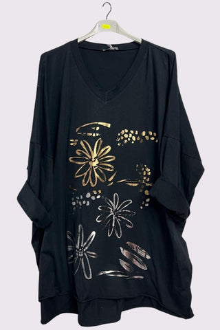 Flower Leopard Foil Print Dip Hem Cotton Top