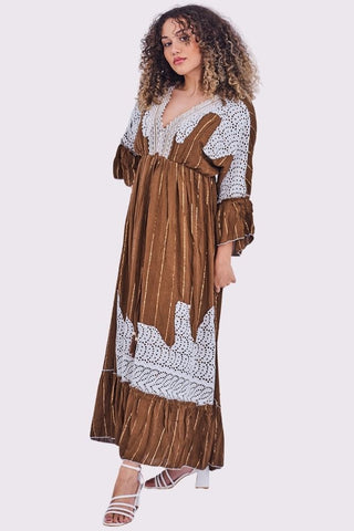 Gold Stripe Cut Out Patch Pattern Maxi Long Sleeve Boho Style Dress