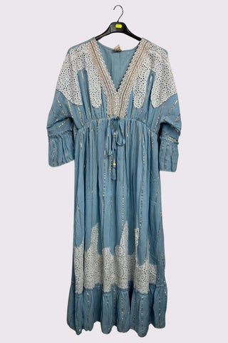 Gold Stripe Cut Out Patch Pattern Maxi Long Sleeve Boho Style Dress