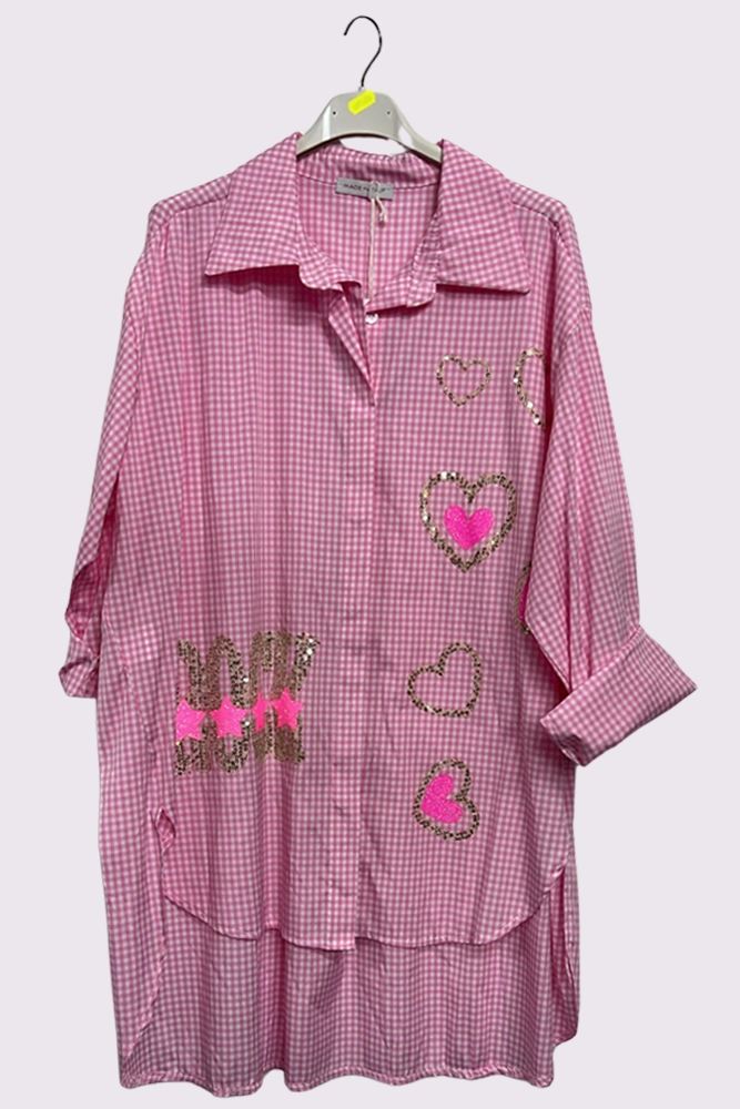 Check Print Sequin Rock Heart Cotton Shirt