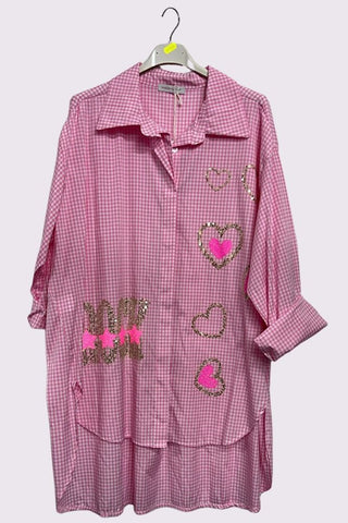Check Print Sequin Rock Heart Cotton Shirt
