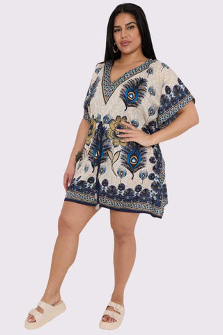 Peacock Feather Print Drawstring Waist Kaftan