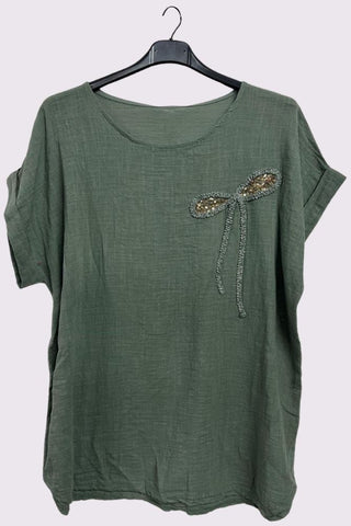 Textured Embroidered Sequin Curved Hem Cotton Top