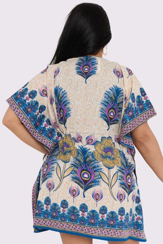 Peacock Feather Print Drawstring Waist Kaftan